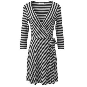 Bailey 44 Striped Faux Wrap Dress M Gray Blue Ribbed Long Sleeve VNeck Tie Waist